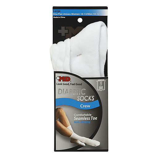 +MD White Diabetic Crew Socks Large 1Pair