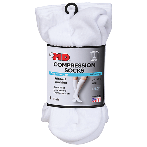 +MD Large Unisex Ribbed Cushion White Over The Calf Compression 1Ea
