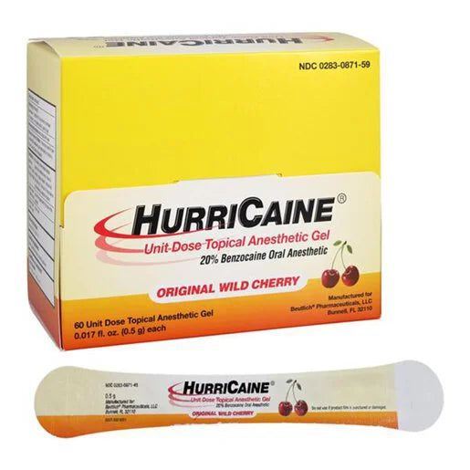Hurricaine Gel 20% Benzocaine Wild Cherry Box of 60 Individual 0.5g Unit Doses