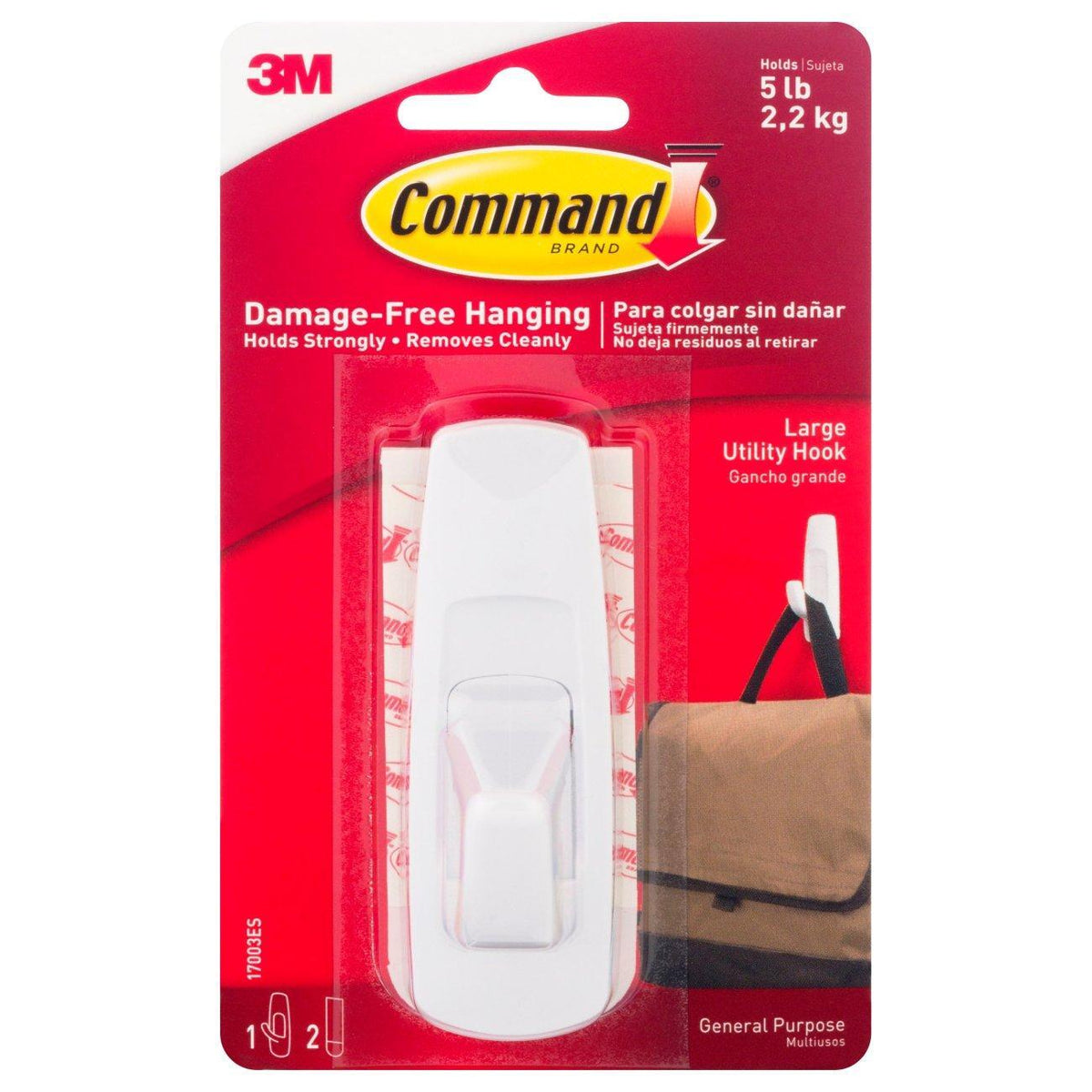 Command Large Utility Hook, White, 1 Hook & 2 Strips – Damage-Free Wall Hanging, Holds up to 5 lbs
