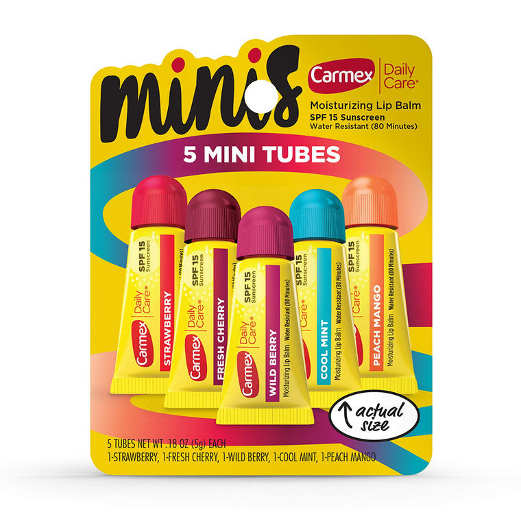 Carmex Daily Care Lip Balm Mini Squeeze Tubes, Assorted Flavors, SPF 15, 5 Count (0.18 oz Each)