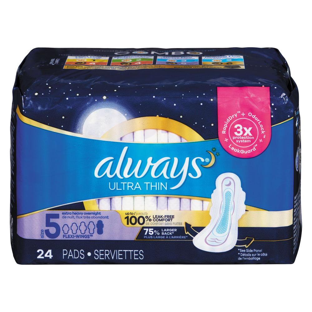 Always Ultra Thin Pads with Wings, Size 5 Extra Heavy Overnight, 24 Count