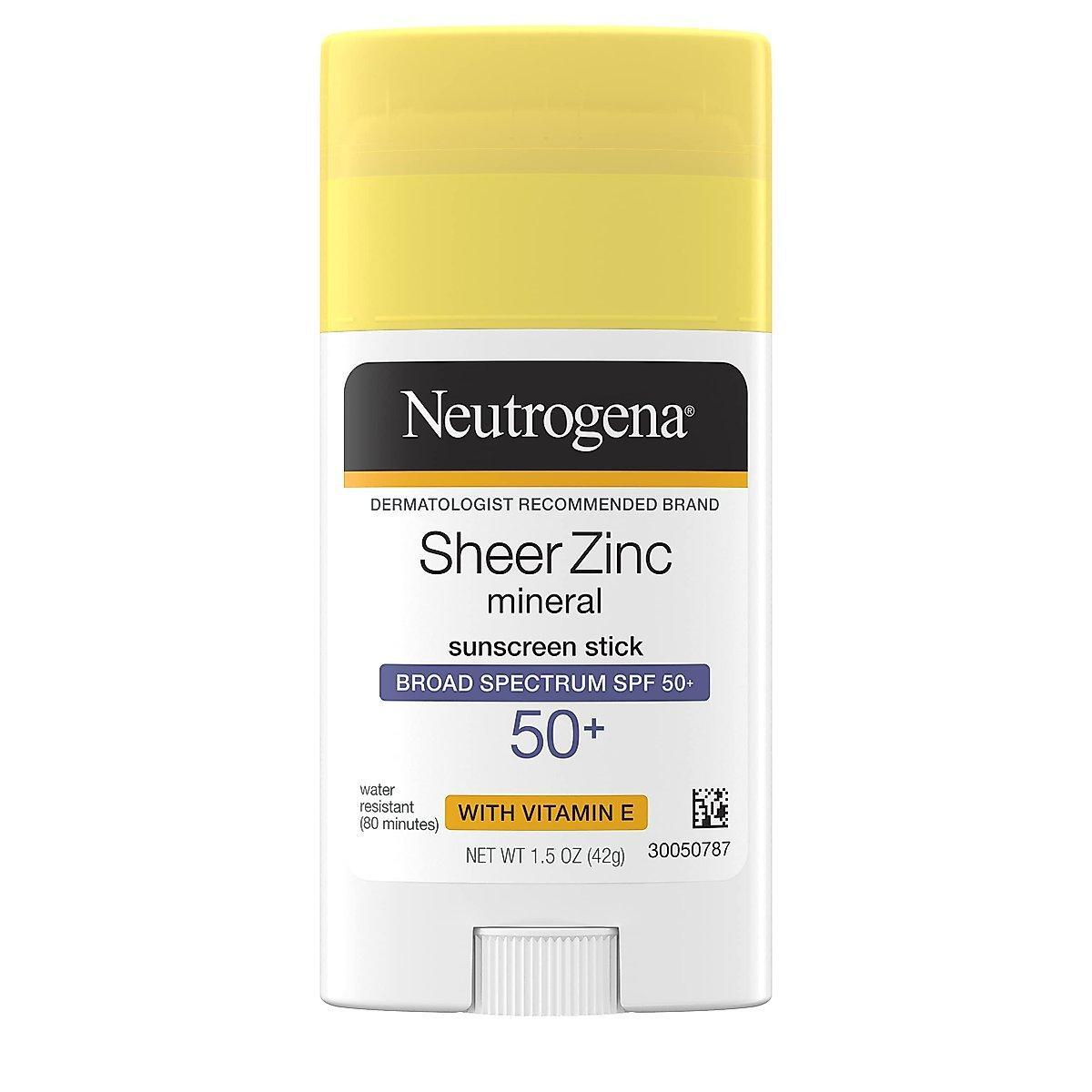 Neutrogena Sheer Zinc Oxide Mineral Sunscreen Stick With Vitamin E, Broad Spectrum SPF 50+ & UVA/UVB Protection, Water Resistant & Residue-Free Application, Paraben/Dye Free, 1.5 Oz