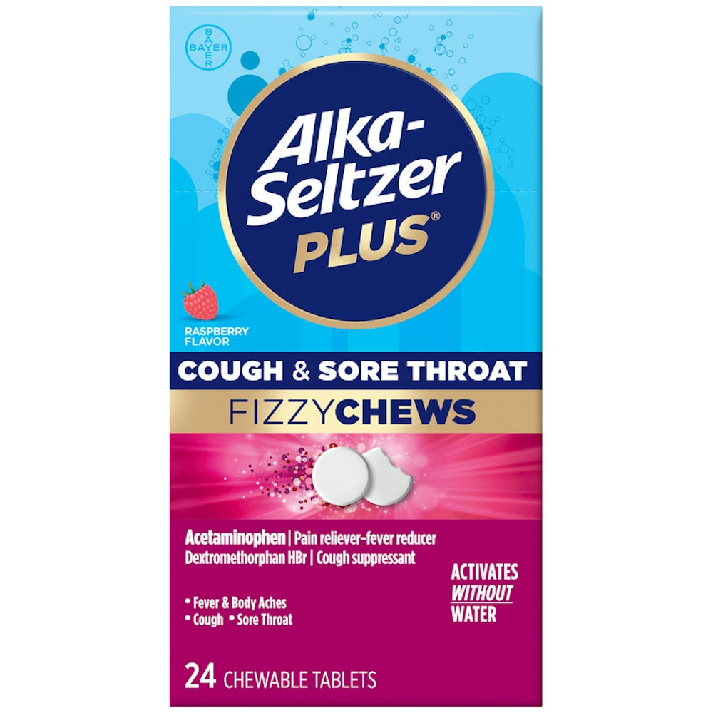 Alka-Seltzer Plus Cough & Sore Throat Fizzy Chews, Mixed Berry, 24 Count