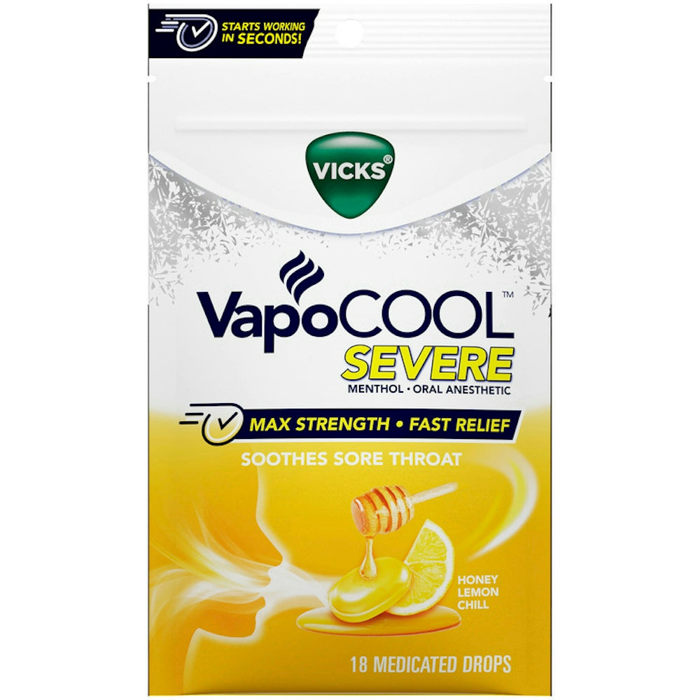 Vicks VapoCool Max Strength Severe Medicated Drops, Honey Lemon Chill, 18 ct