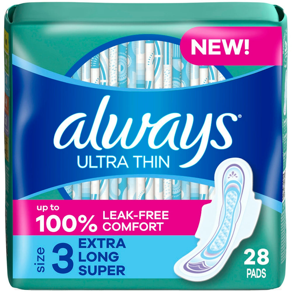 Always Ultra Thin Pads with Wings, Size 3 Extra Long Super, 28 Count