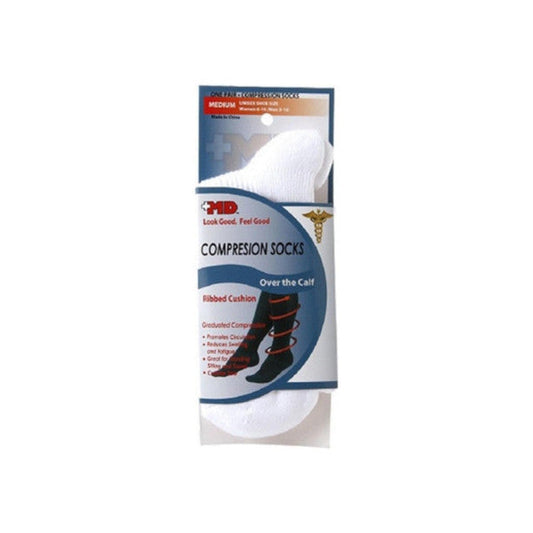 +MD Unisex Ribbed Compression Socks, Over the Calf, White, Medium – Graduated Compression for Circulation & Support (1 Pair)
