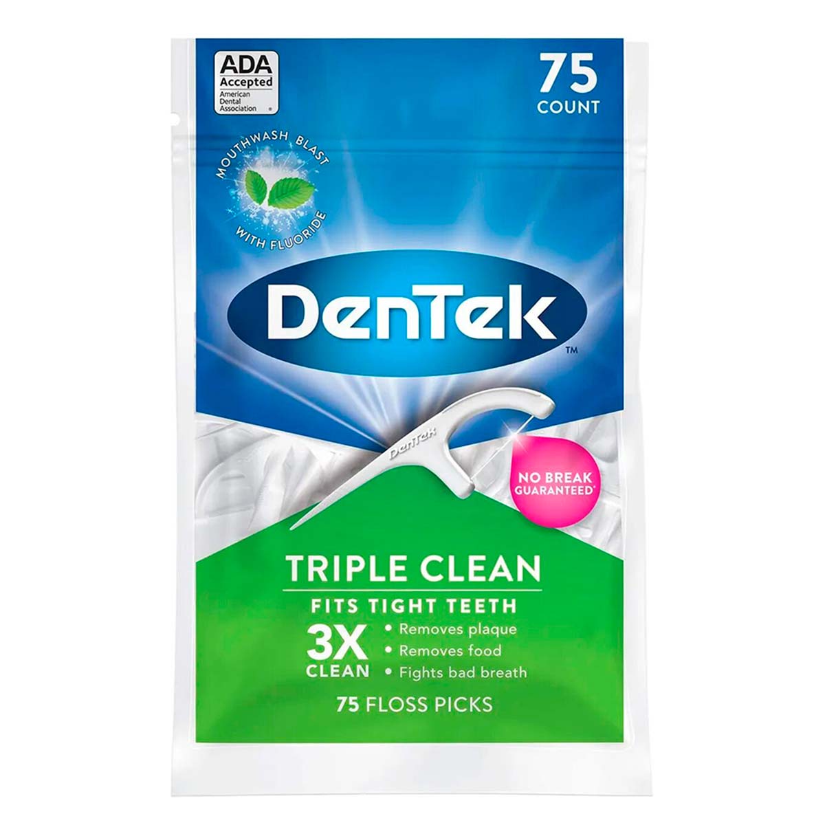 DenTek Triple Clean Floss Picks, Mouthwash Blast Mint, 75 Count