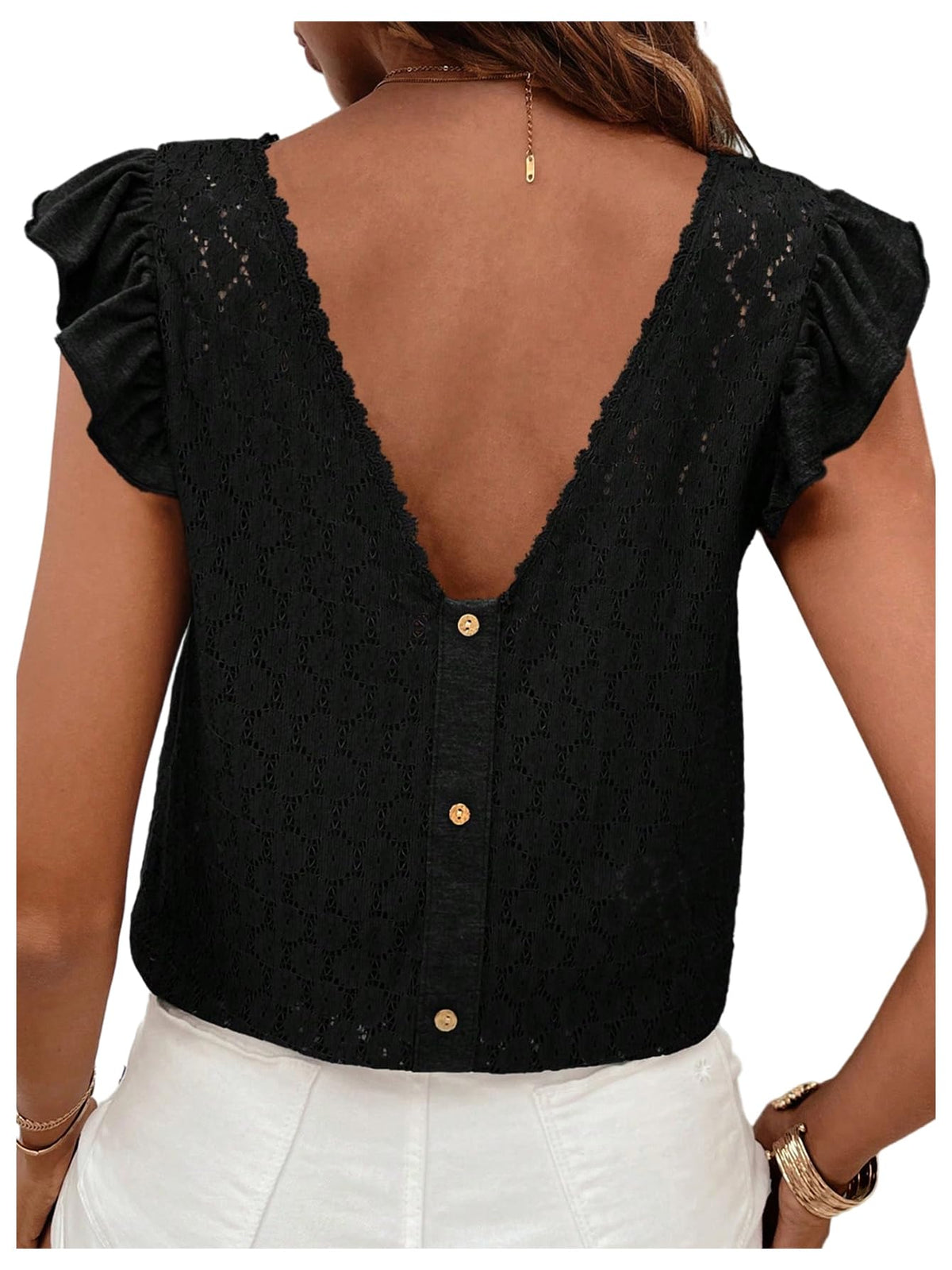 SOLY HUX Women's Lace T Shirt V Neck Ruffle Cap Sleeve Tee Casual Summer Tops Plain Black Small