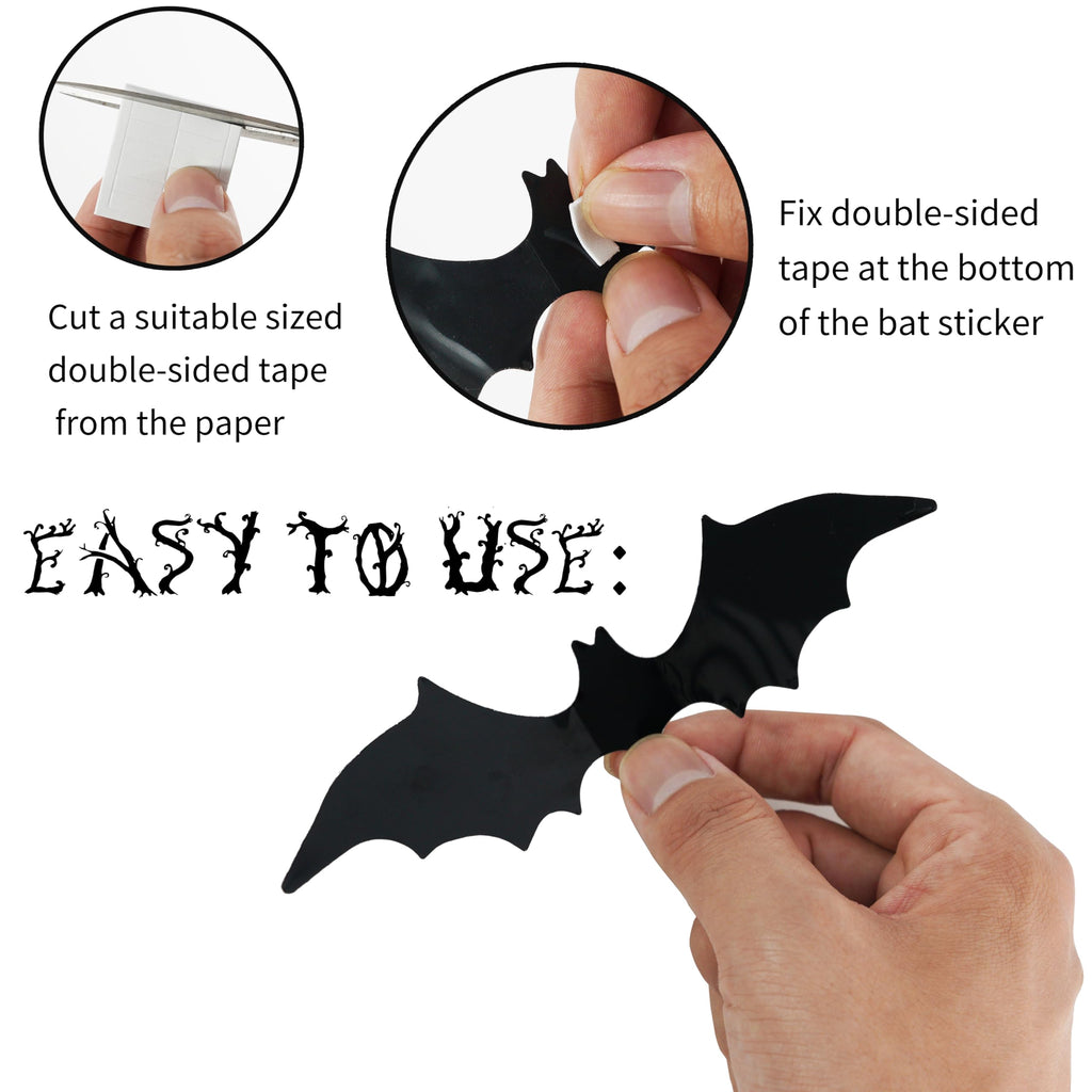 Bobobag 120 Pcs 3D Bats Halloween Decorations,Halloween Wall Decor 4 Sizes Black Bats Sticker for Wall Window