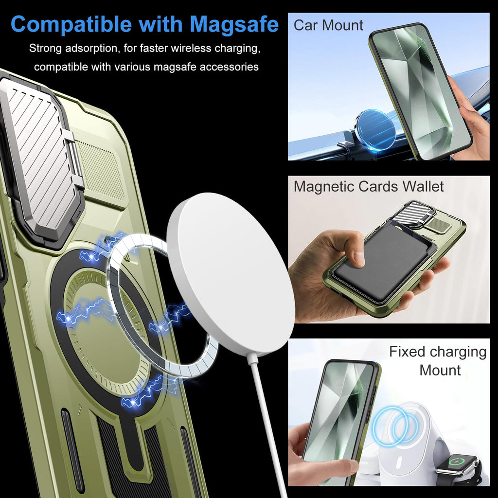 EMMPITU for Samsung Galaxy S24+ Plus Case, Compatible with Magsafe, Military Grade Phone Case with Kickstand, Built-in Camera Lens Protector Shockproof Magnetic Cover for Galaxy S24 Plus Case (Green)