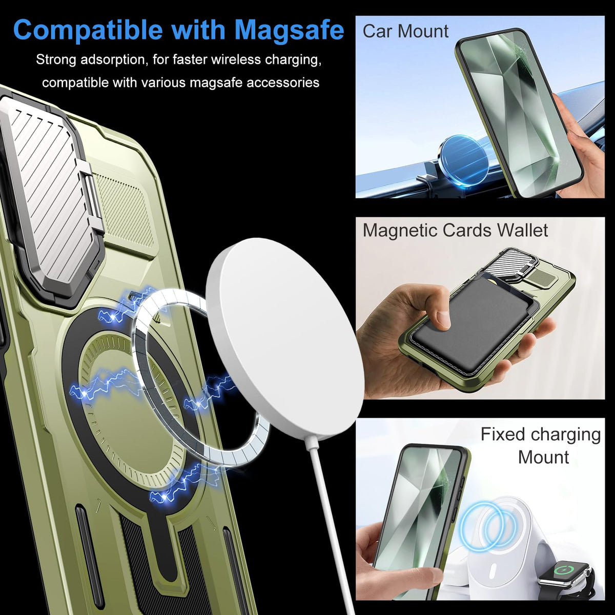 EMMPITU for Samsung Galaxy S24+ Plus Case, Compatible with Magsafe, Military Grade Phone Case with Kickstand, Built-in Camera Lens Protector Shockproof Magnetic Cover for Galaxy S24 Plus Case (Green)