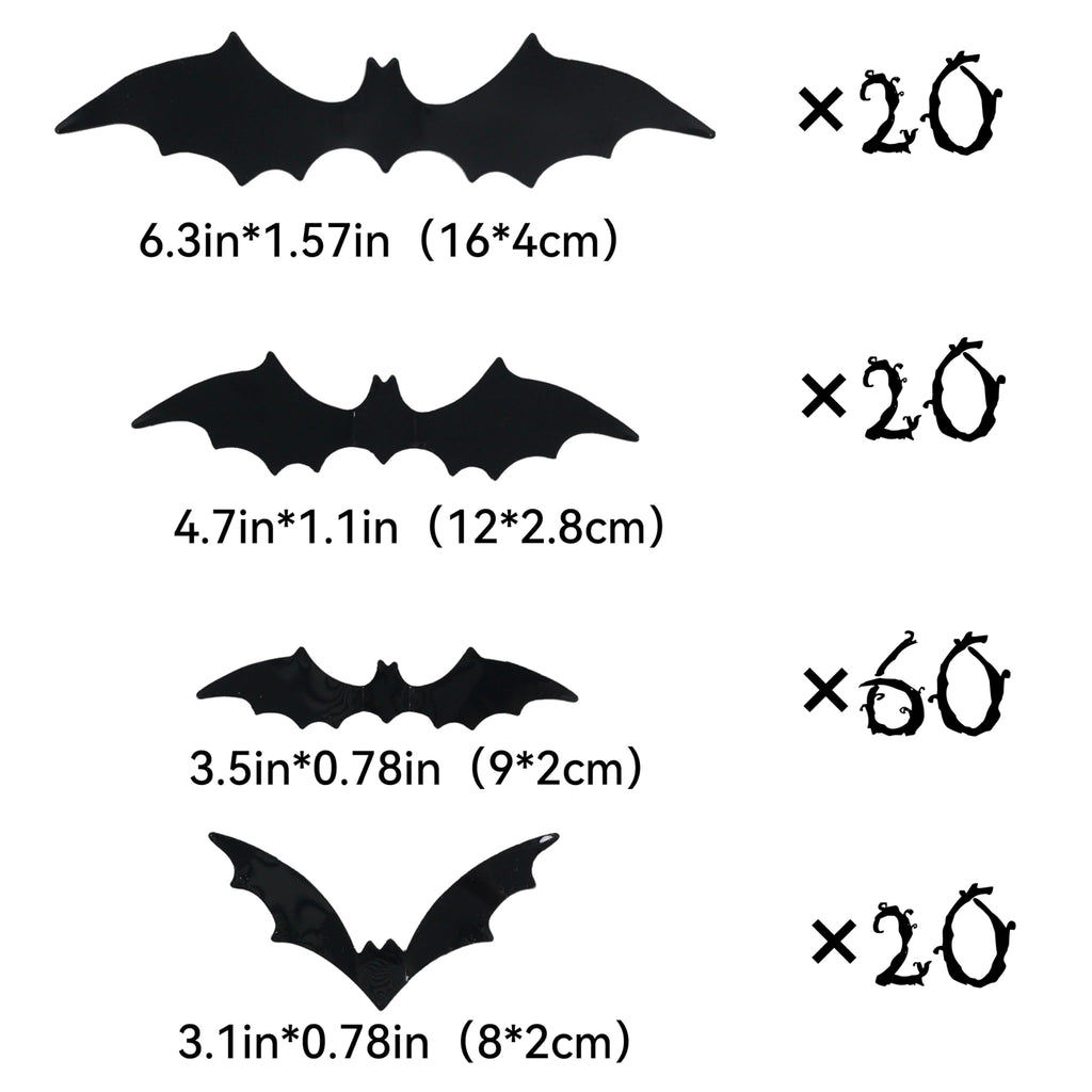 Bobobag 120 Pcs 3D Bats Halloween Decorations,Halloween Wall Decor 4 Sizes Black Bats Sticker for Wall Window
