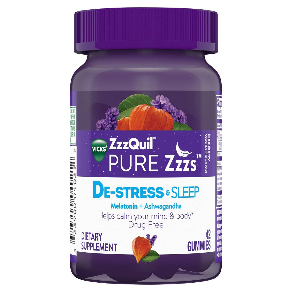 Vicks Pure Zzzs De-Stress & Sleep Melatonin + Ashwagandha Gummies - Blackberry Vanilla