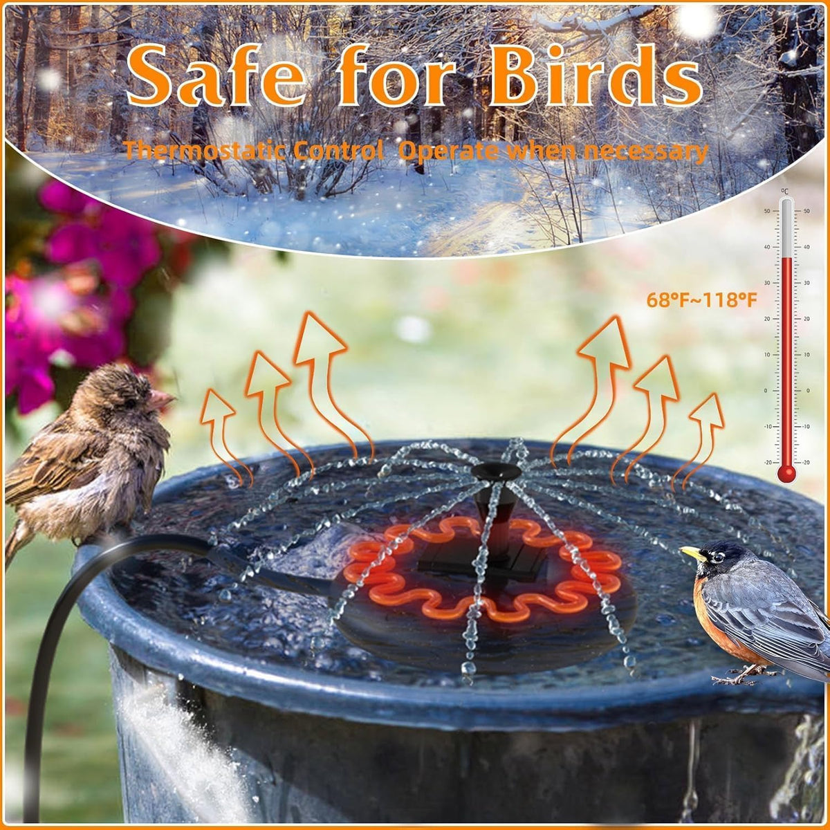 ikuchelife Bird Bath Heater for Outdoors with Water Pump in Winter, Deicer for Birdbaths with Thermostatically Controlled and 3.3ft Long Cord, Pond De-icer 70W for Patio Yard Various Bird Baths
