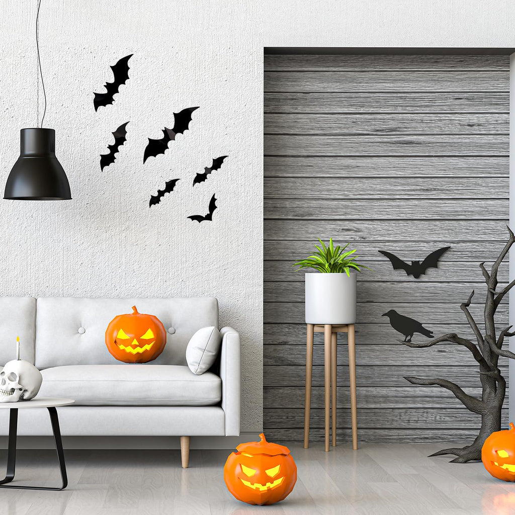 Bobobag 120 Pcs 3D Bats Halloween Decorations,Halloween Wall Decor 4 Sizes Black Bats Sticker for Wall Window