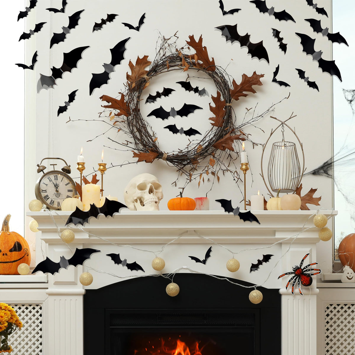 Bobobag 120 Pcs 3D Bats Halloween Decorations,Halloween Wall Decor 4 Sizes Black Bats Sticker for Wall Window