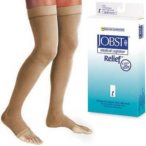Jobst Relief Thigh High W/ Silicone Band, Open Toe 20-30 mmHg Beige