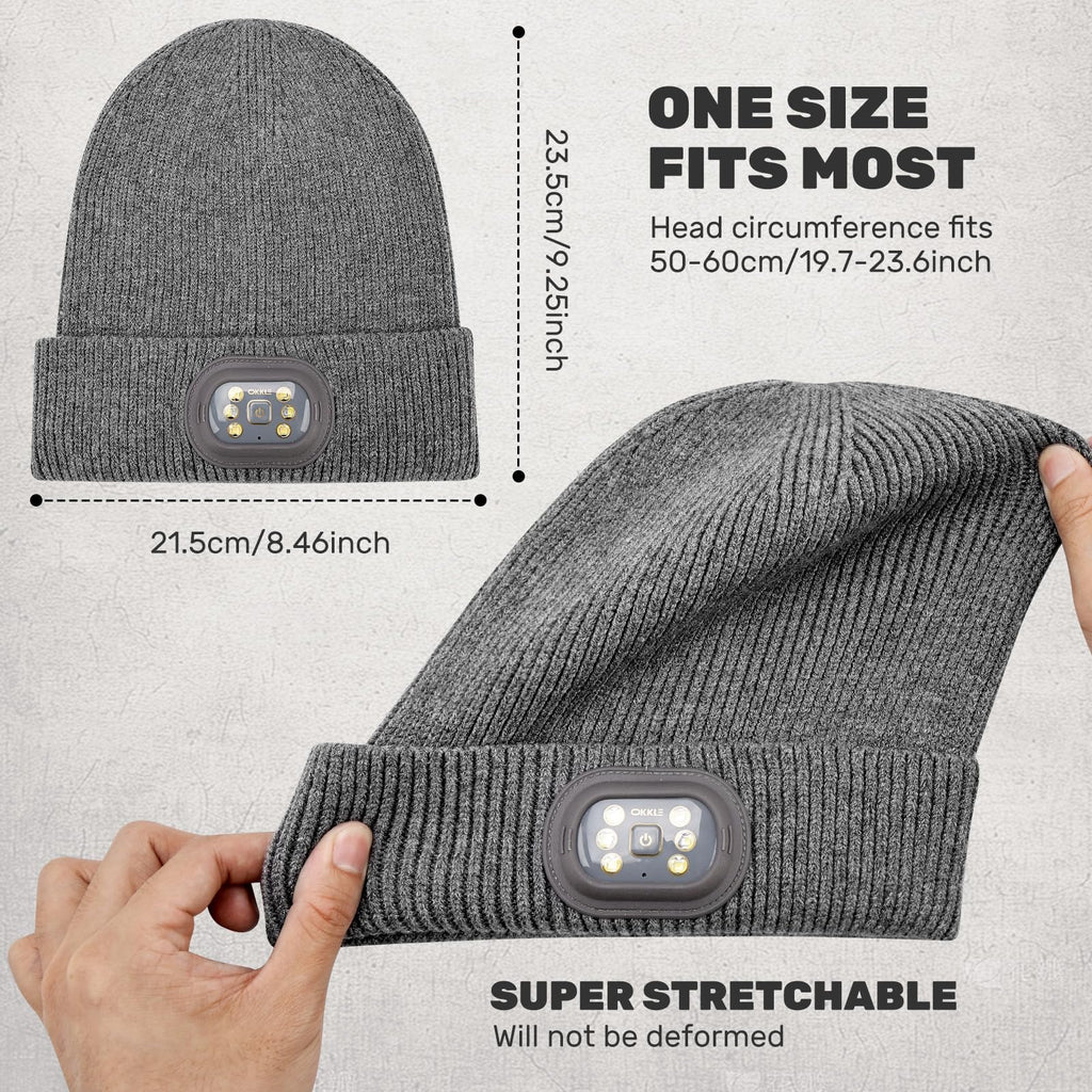 OKKLE Unisex USB-Rechargeable LED Beanie, Gray, One Size