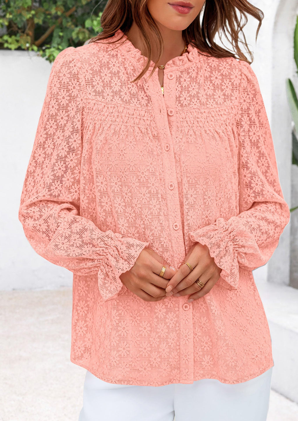 PRETTYGARDEN Women's Pink Eyelet Lace Blouse, Medium
