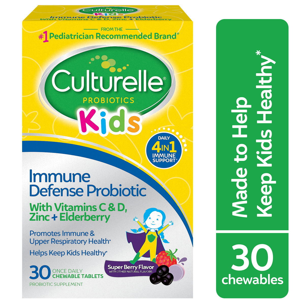 Culturelle Kids Daily Immune Defense Probiotic + Elderberry, Vitamin C And Zinc Chewable For Oral Health - 30ct