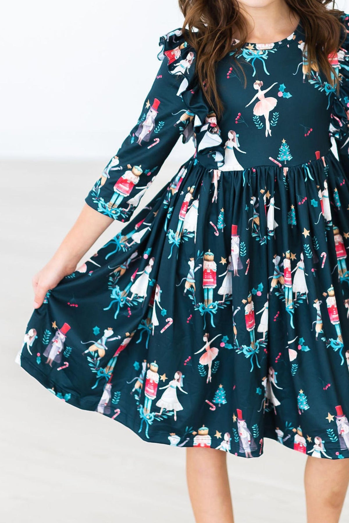Christmas Ballet 3/4 Sleeve Ruffle Twirl Dress