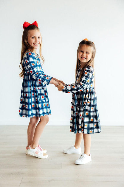 Plaid Apples L/S Pocket Twirl Dress