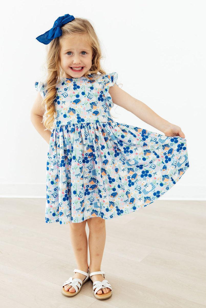 Blueberry Picnic Flutter Sleeve Twirl Dress