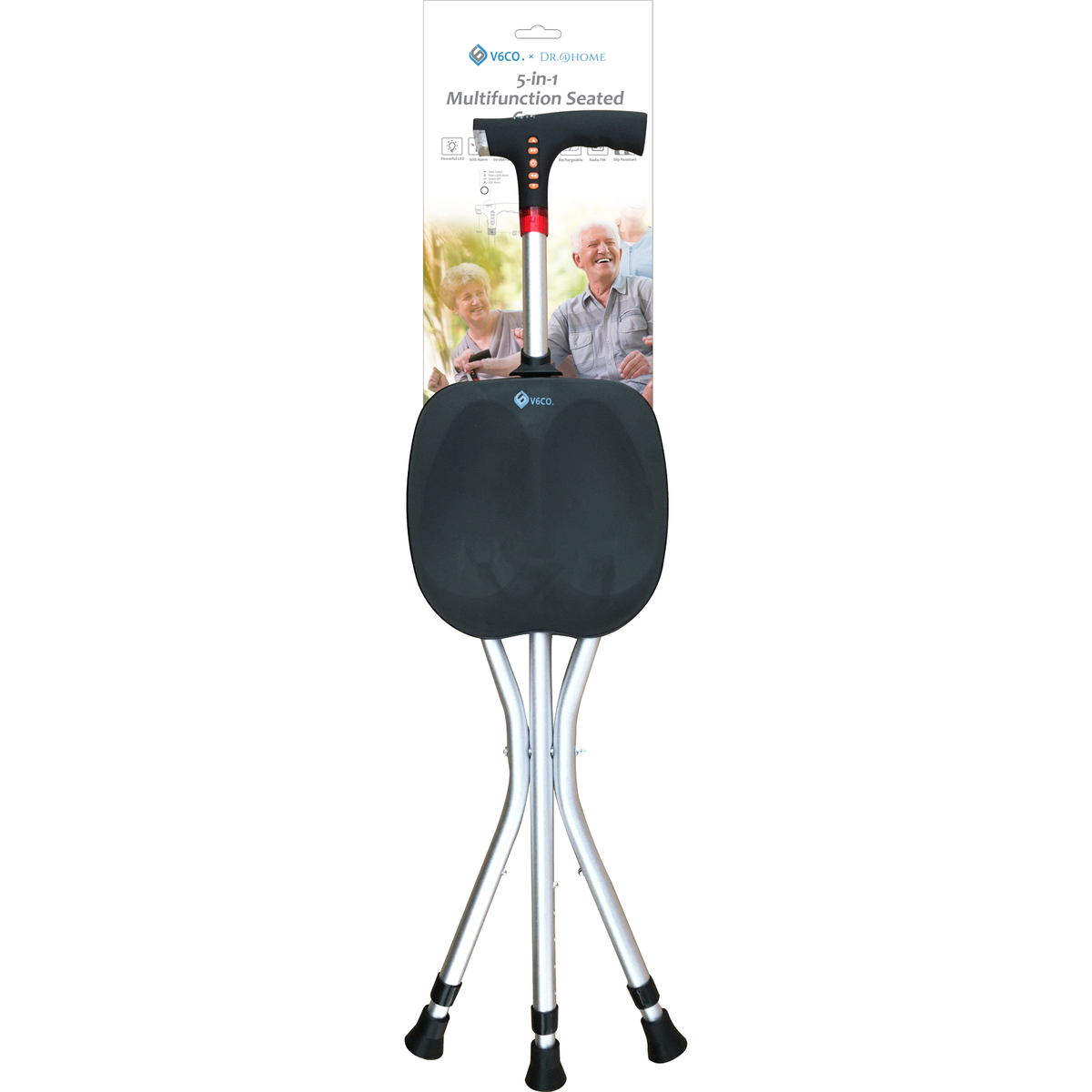 V6CO Heavy Duty 5-in-1 Multi-Function Seated Walking Cane with Adjustable Height